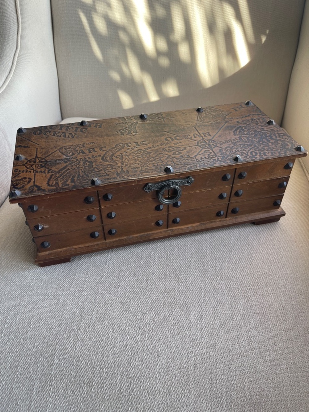 Vintage Nautical Map Jewelry Box | Studded Wooden Treasure Chest